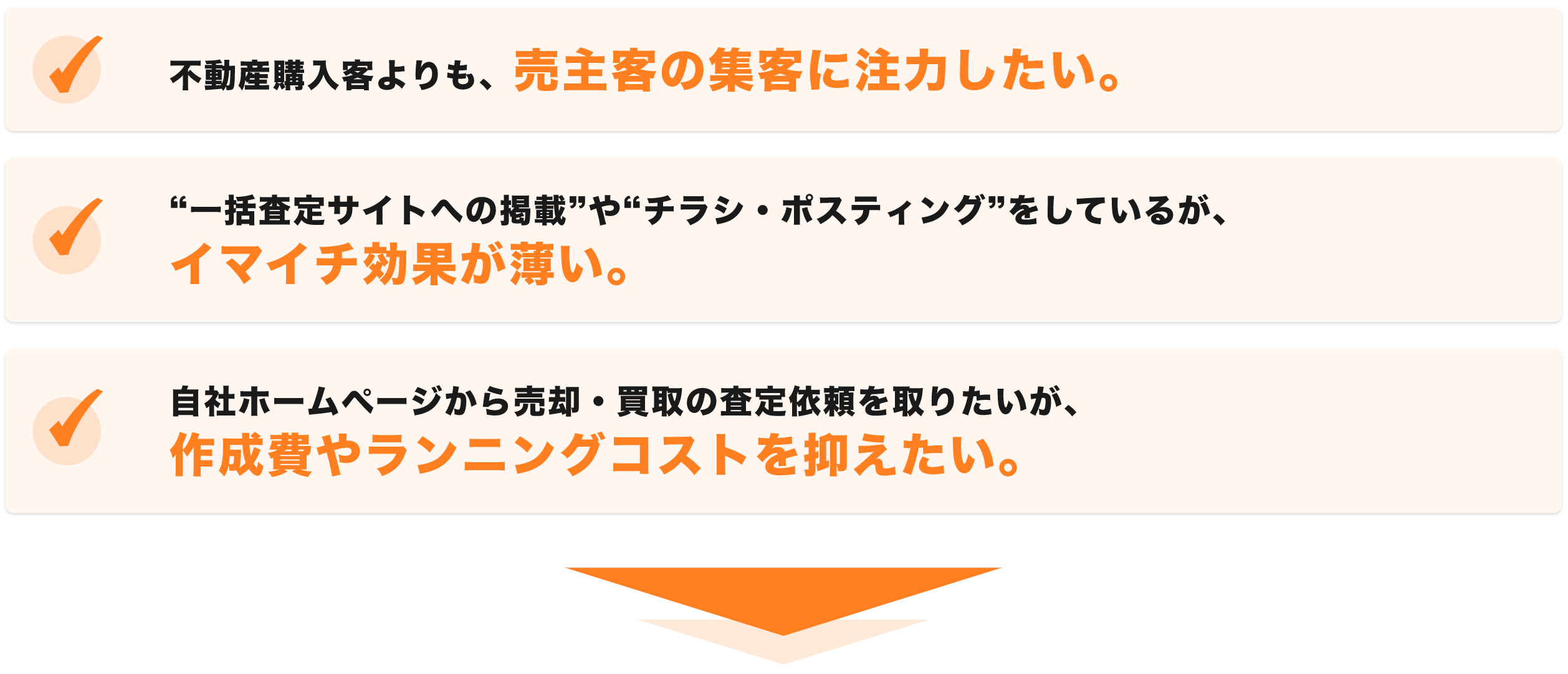 購入客より売主客に注力したい、他の集客施策ではいまいち効果が薄い、ホームページ制作費やランニングコストを抑えたい